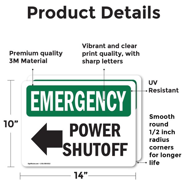 Power Shutoff [Left Arrow] With Symbol, 14 In W X Rectangle, Vinyl Decal